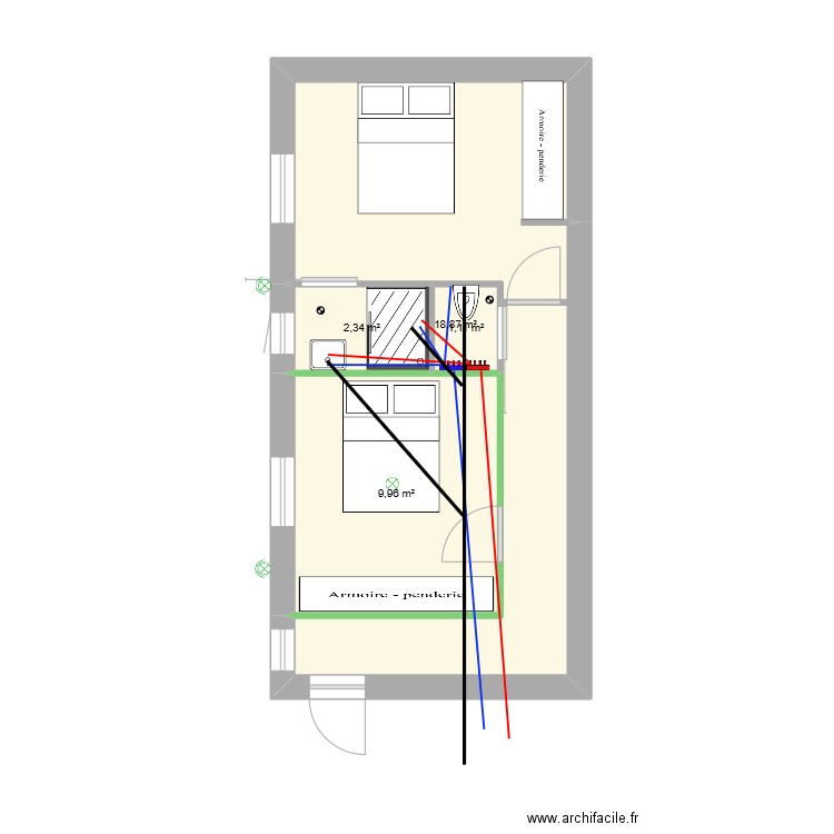 Extension version 2 plomberie. Plan de 4 pièces et 32 m2