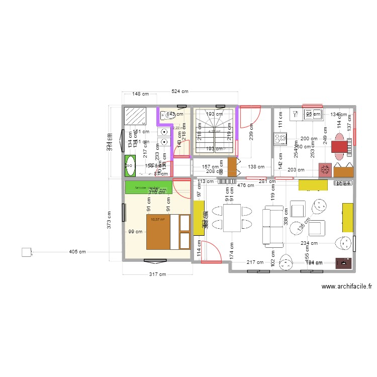 Ploeren 2 Entrée au milieu. Plan de 3 pièces et 17 m2