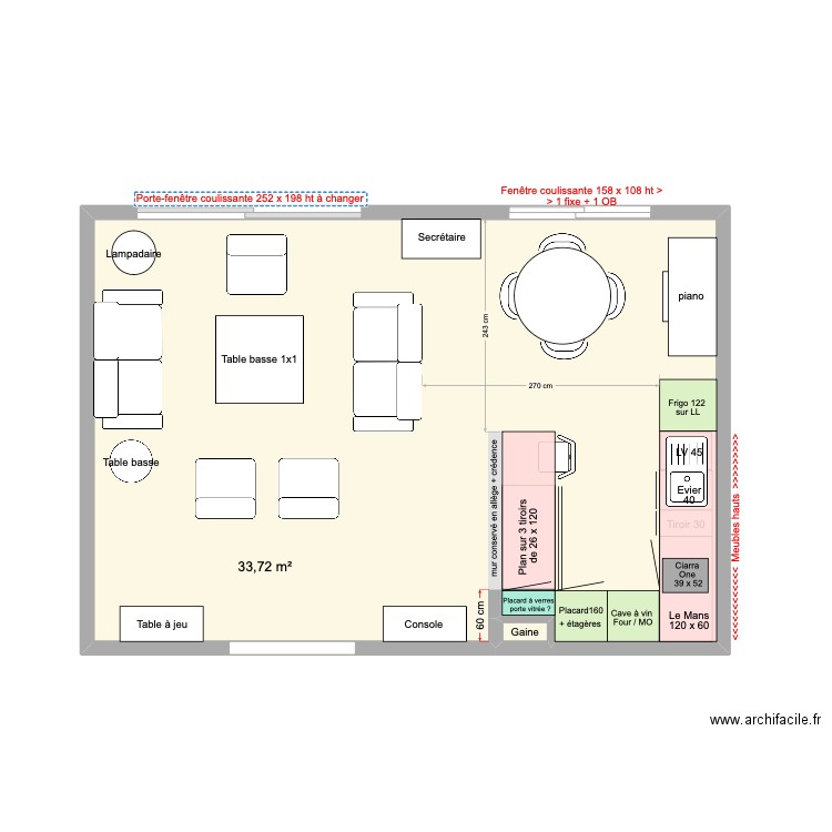 Cuisine en U + piano. Plan de 2 pièces et 34 m2