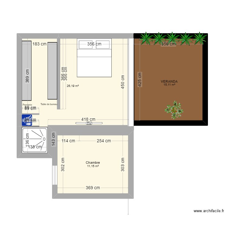 Extension. Plan de 3 pièces et 52 m2