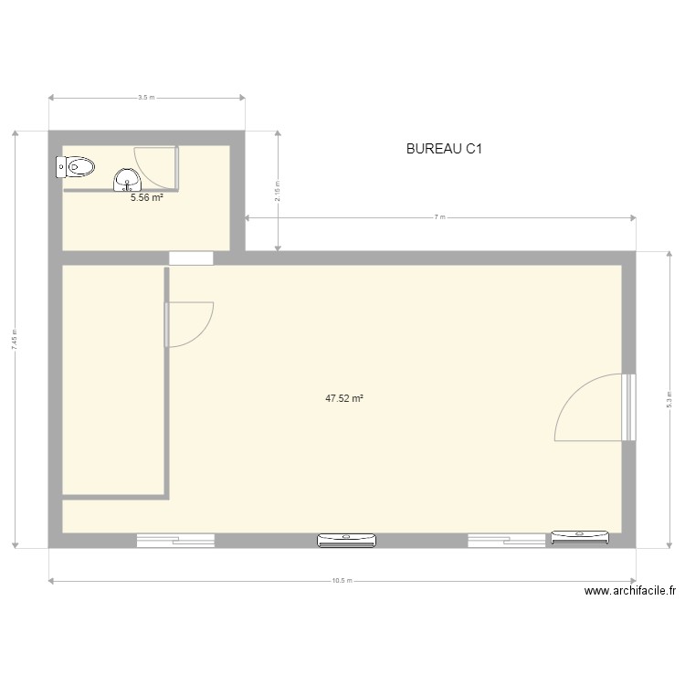 BUREAU C1. Plan de 2 pièces et 53 m2