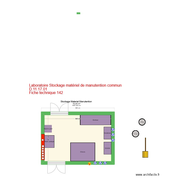 Fiche 142-Laboratoire matériel manutention commun V4. Plan de 1 pièce et 19 m2