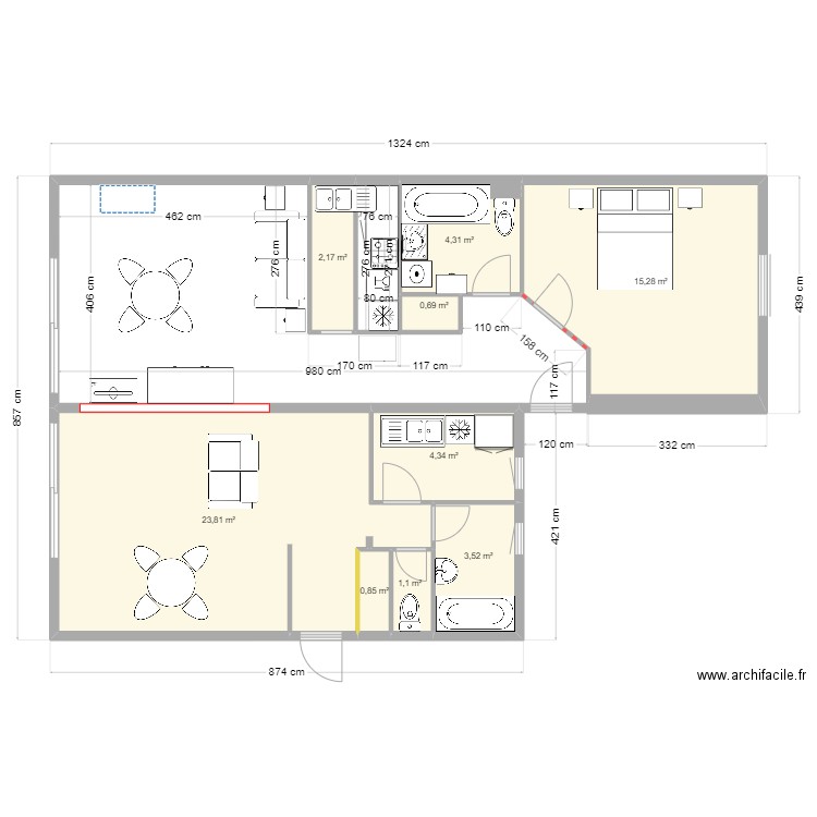 plan appartement ouverture 8-07. Plan de 9 pièces et 56 m2