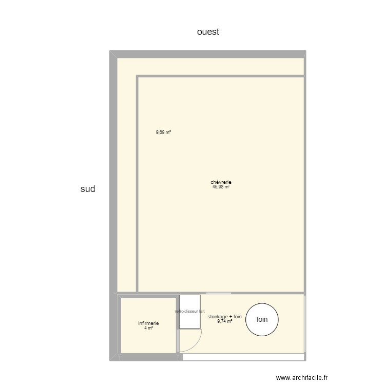 chèvrerie. Plan de 4 pièces et 69 m2