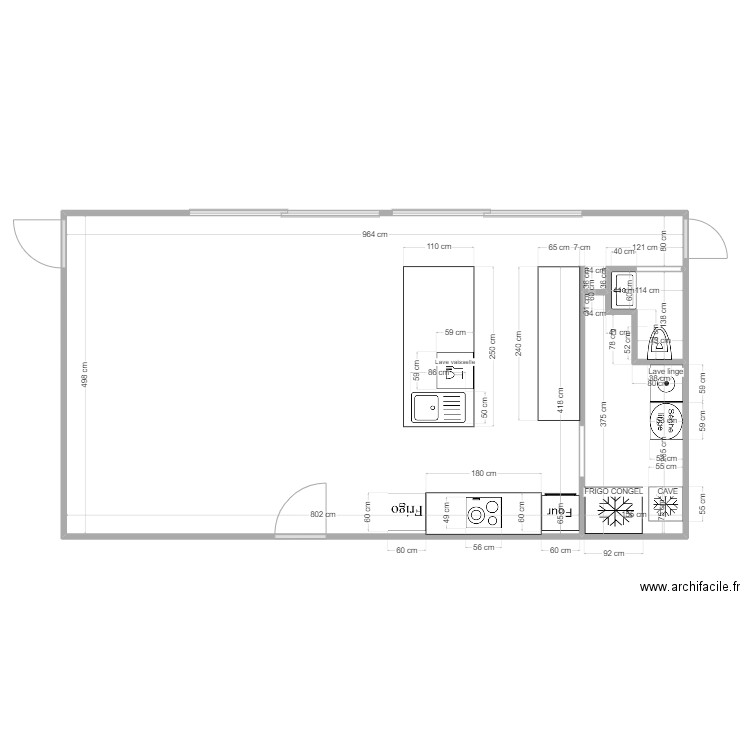 Salon/Cuisine/Cellier/WC. Plan de 3 pièces et 47 m2