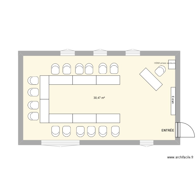 Borderie. Plan de 1 pièce et 38 m2