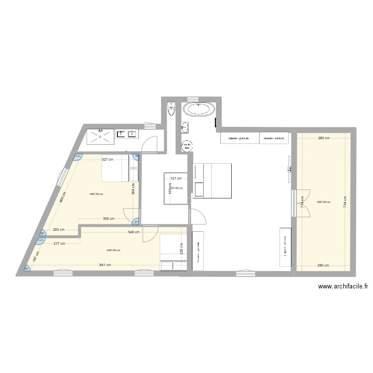 R+1. Plan de 4 pièces et 55 m2