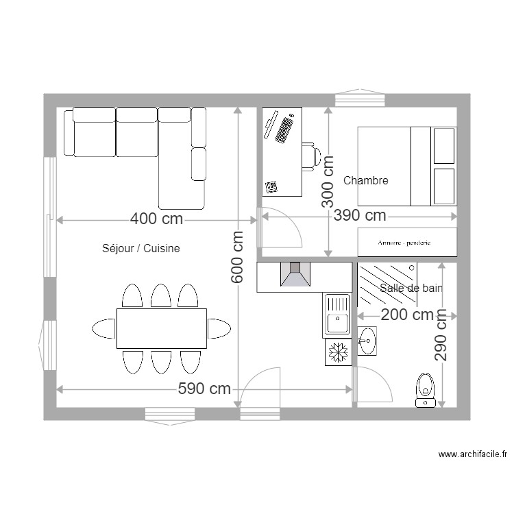 Exercice calcul surface / volume. Plan de 3 pièces et 47 m2