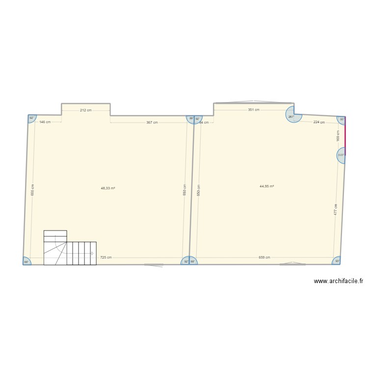 Juillenay grand salon. Plan de 2 pièces et 93 m2