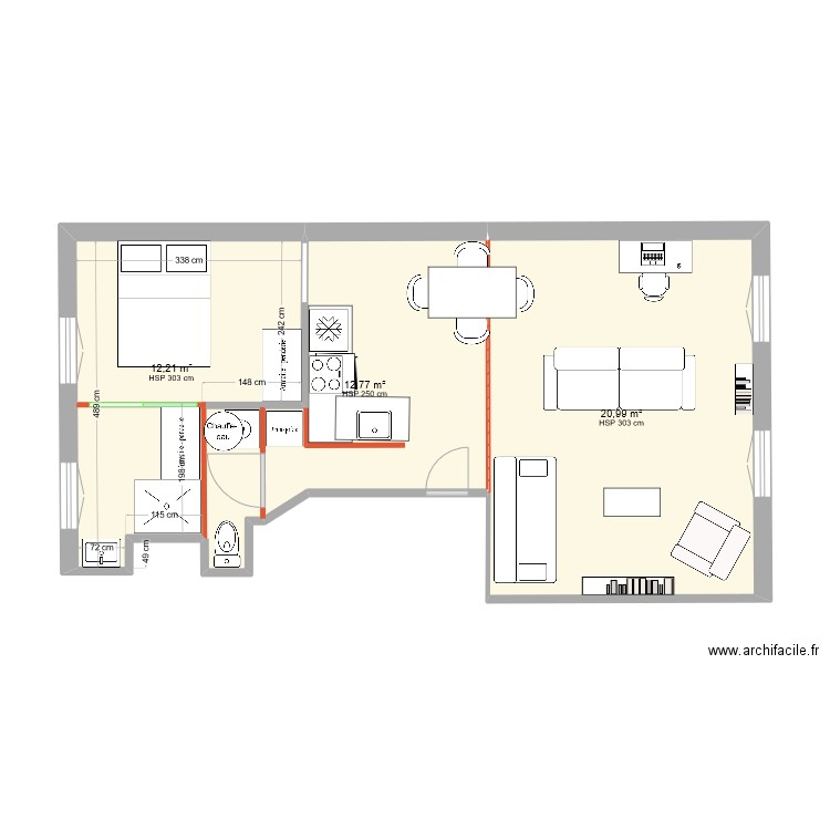 ALSACE. Plan de 3 pièces et 46 m2