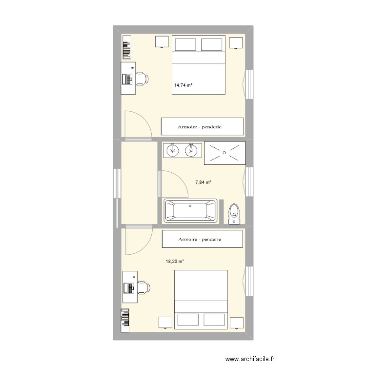 chambres salle de bain. Plan de 3 pièces et 41 m2