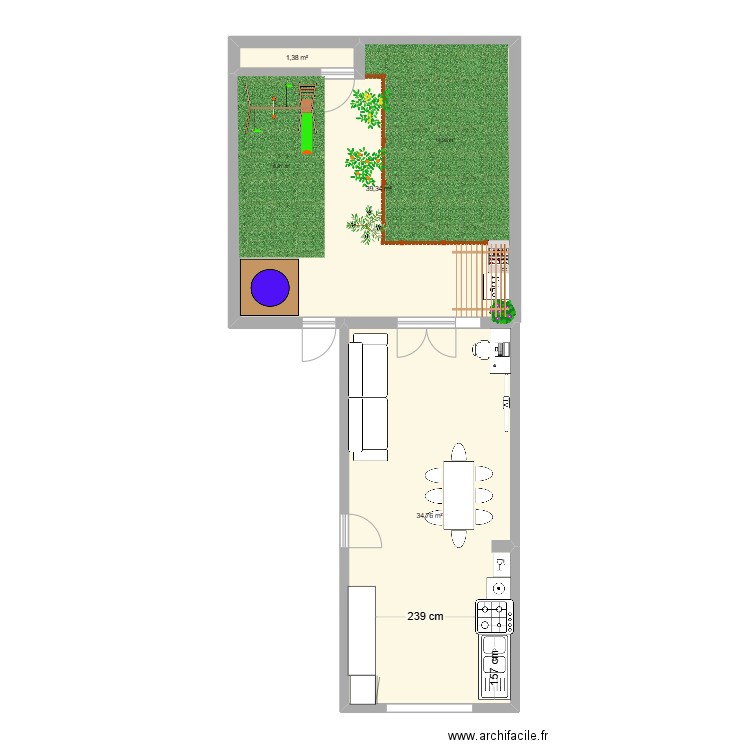 jardin. Plan de 3 pièces et 75 m2