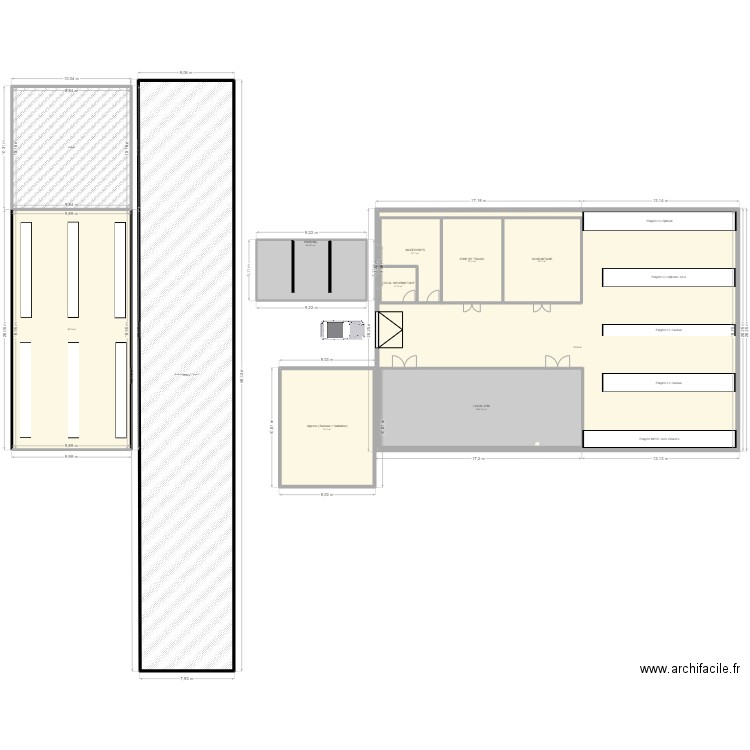 hangar. Plan de 12 pièces et 1492 m2