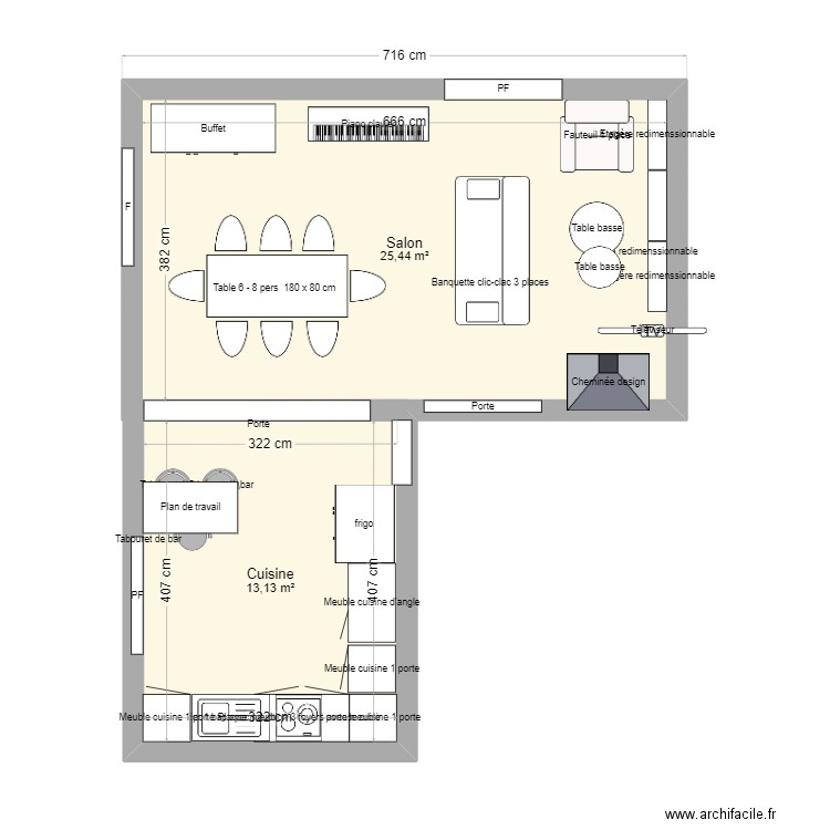 salon cuisne. Plan de 2 pièces et 39 m2