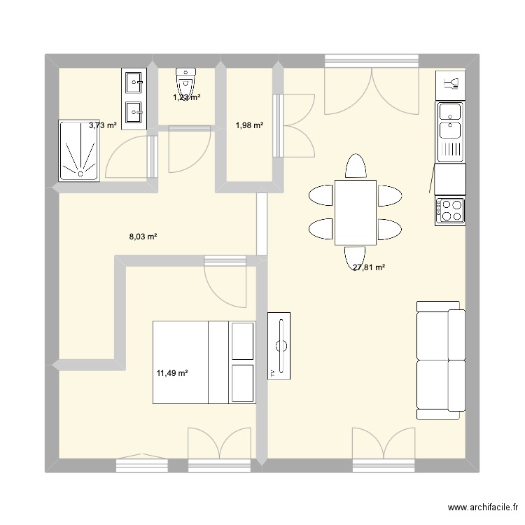 R+1. Plan de 6 pièces et 54 m2