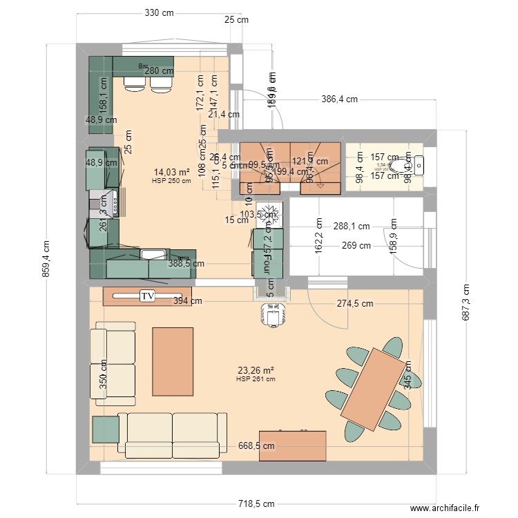 Plan avec avec projet cuisine et veranda 2. Plan de 3 pièces et 39 m2