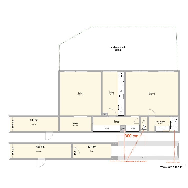 plan général + sous-sol. Plan de 13 pièces et 108 m2