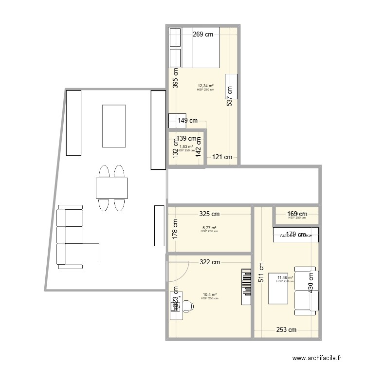 1 2 3 5. Plan de 6 pièces et 43 m2