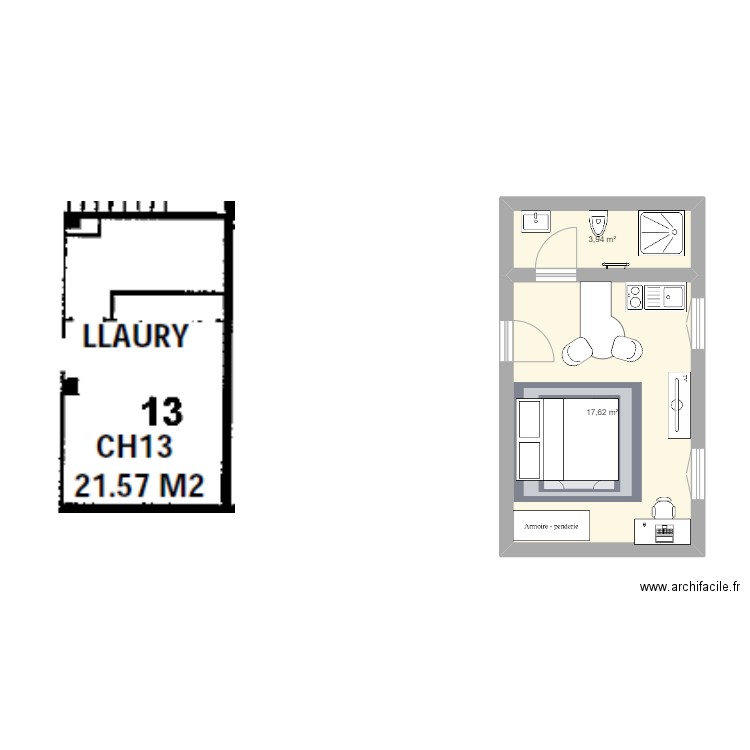 T2 37m²_Aspin. Plan de 2 pièces et 22 m2