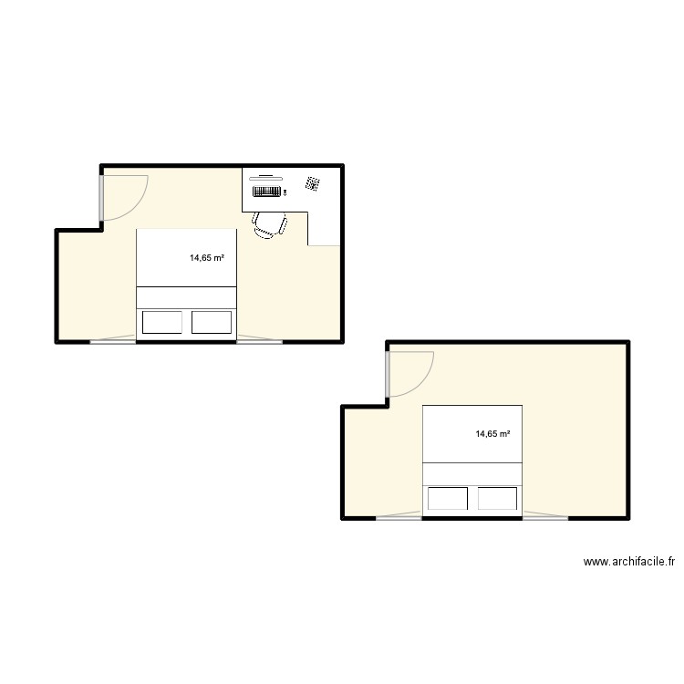 Chambre. Plan de 2 pièces et 29 m2