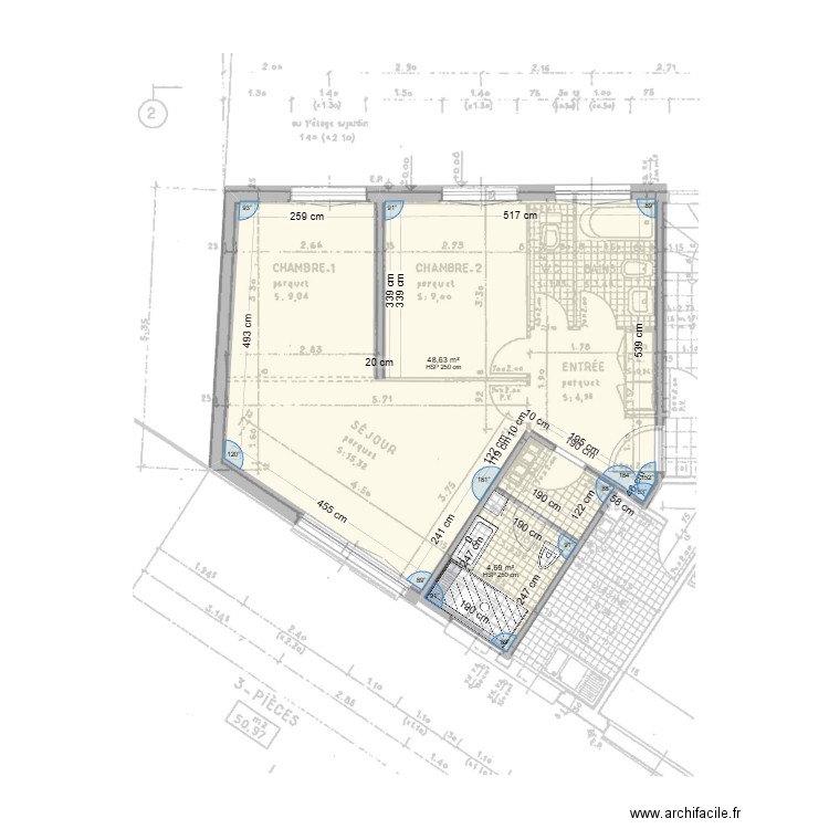 MB1. Plan de 2 pièces et 53 m2