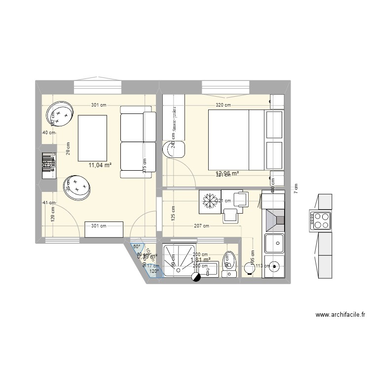 bon marché isolé. Plan de 4 pièces et 26 m2