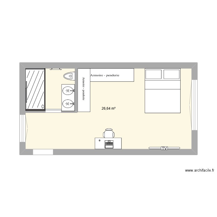 chambre 2. Plan de 1 pièce et 27 m2