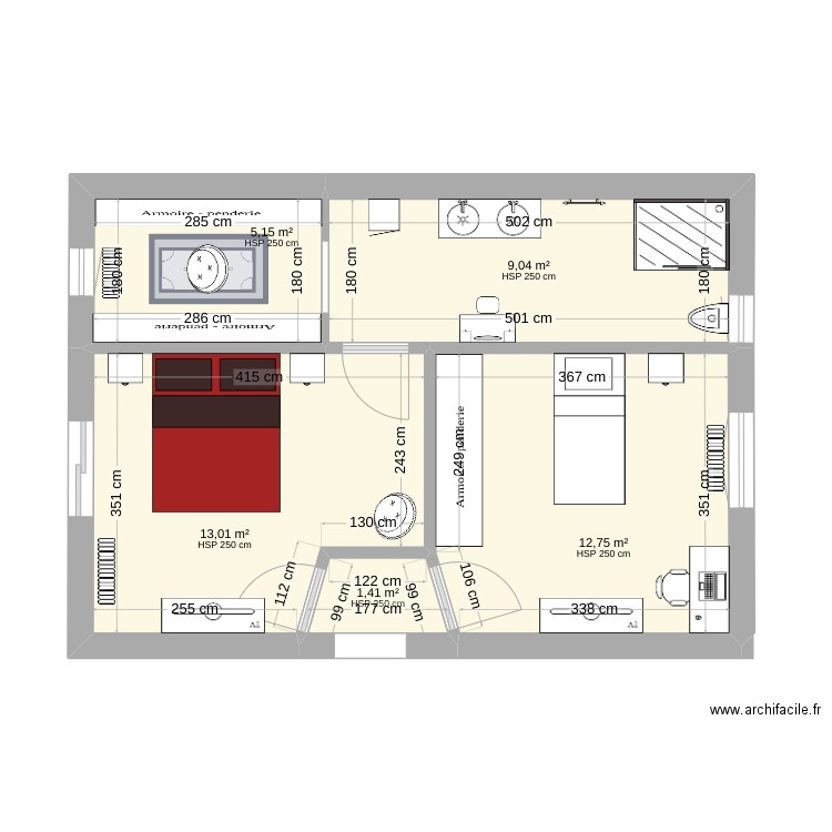 Hypothèse 3. Plan de 5 pièces et 41 m2