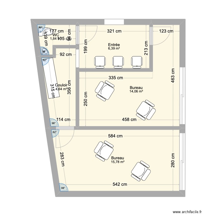 Plan bureaux du fond. Plan de 5 pièces et 43 m2