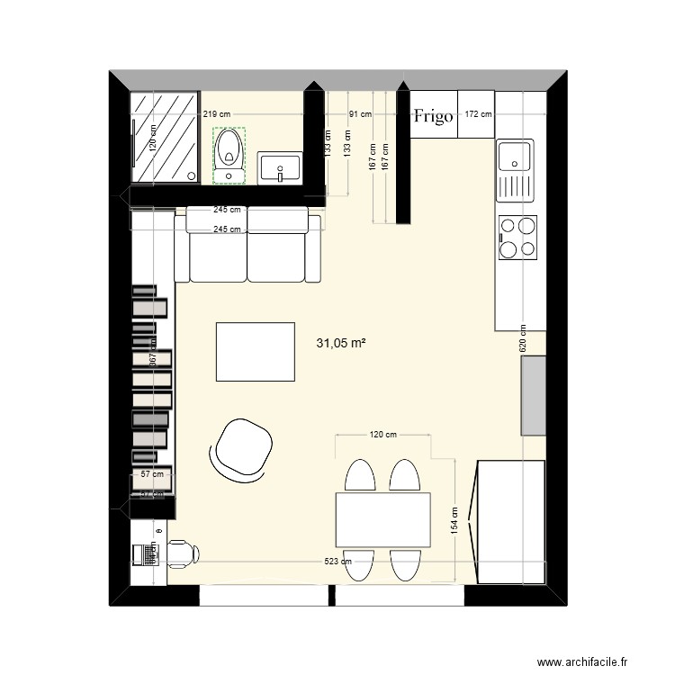 salon. Plan de 1 pièce et 31 m2