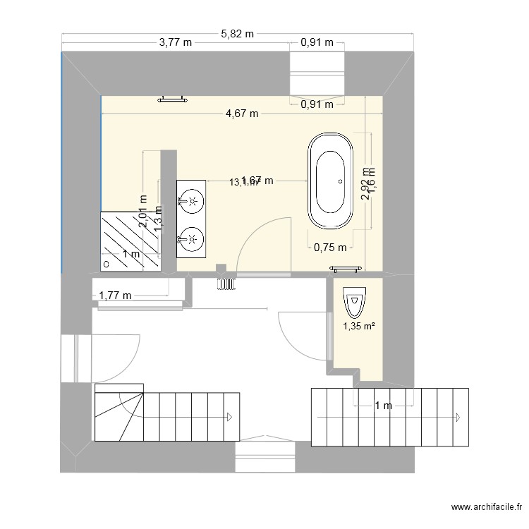 Salle de bain. Plan de 2 pièces et 14 m2