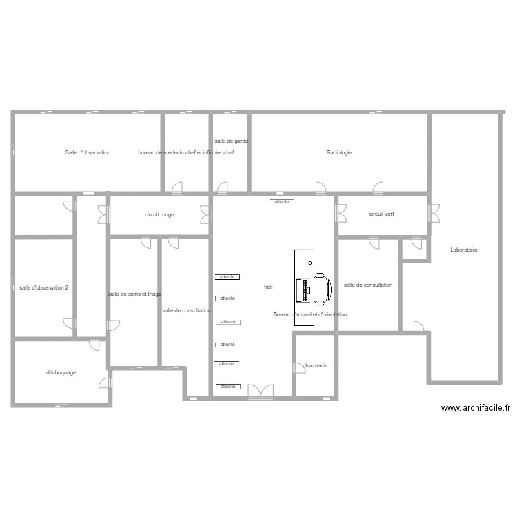 Croquis du sevice des urgence CHP Moahemd 5 Sefrou. Plan de 16 pièces et 774 m2