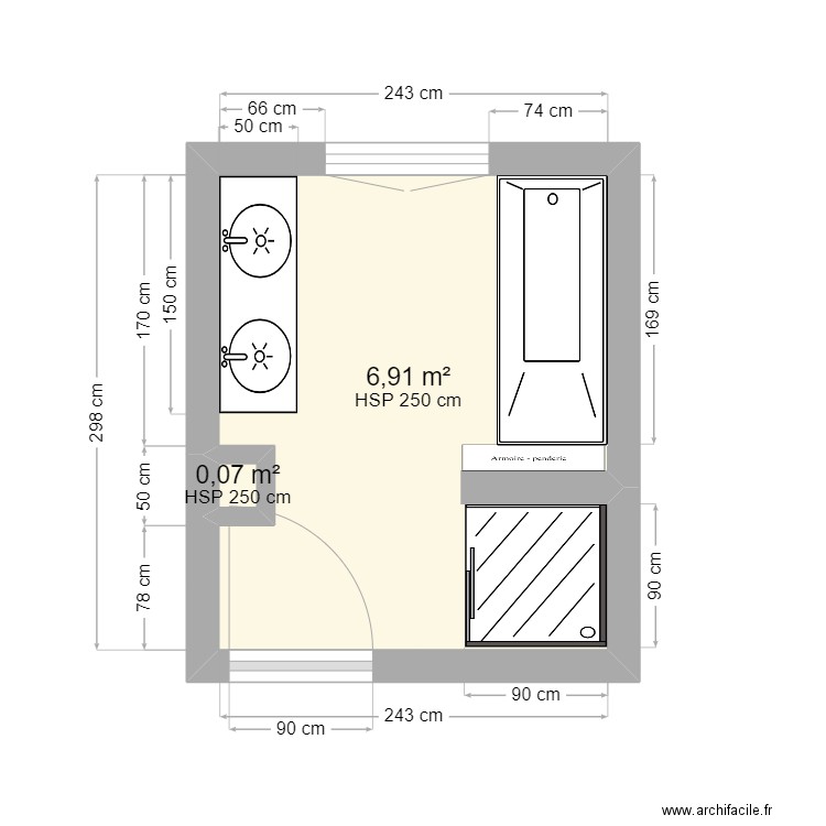 Salle de bain - projet Vincent N°3. Plan de 2 pièces et 7 m2