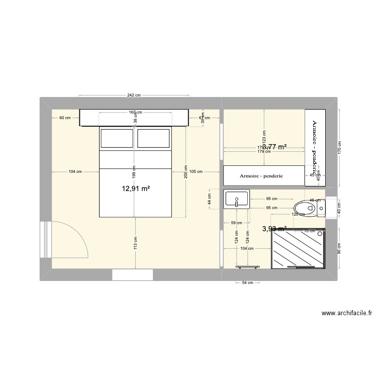 chambre. Plan de 3 pièces et 21 m2