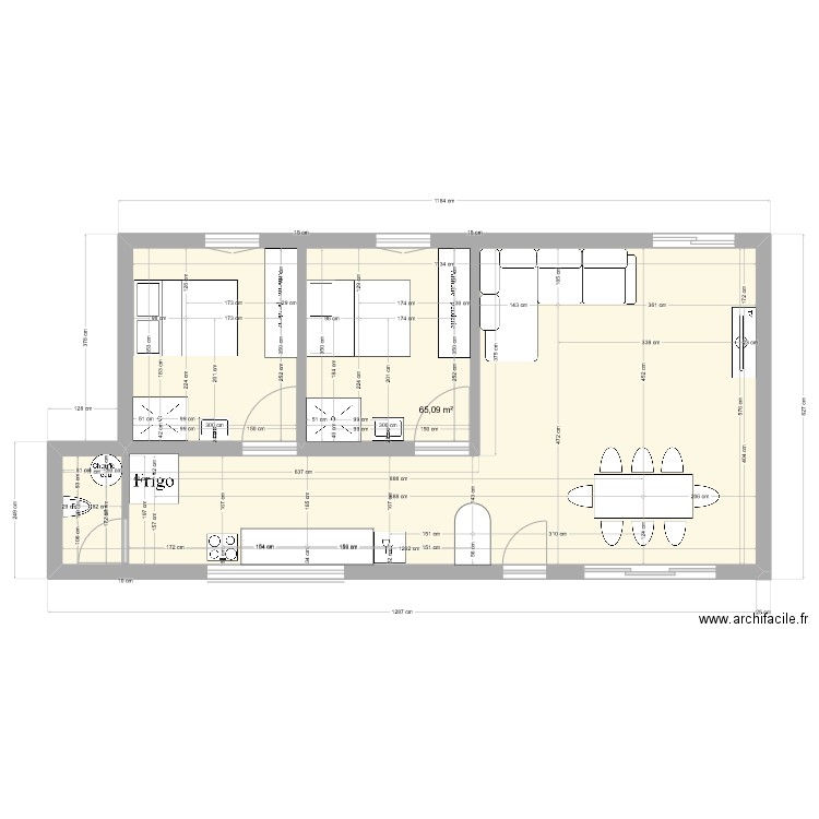 Premier jet aménagement. Plan de 1 pièce et 65 m2