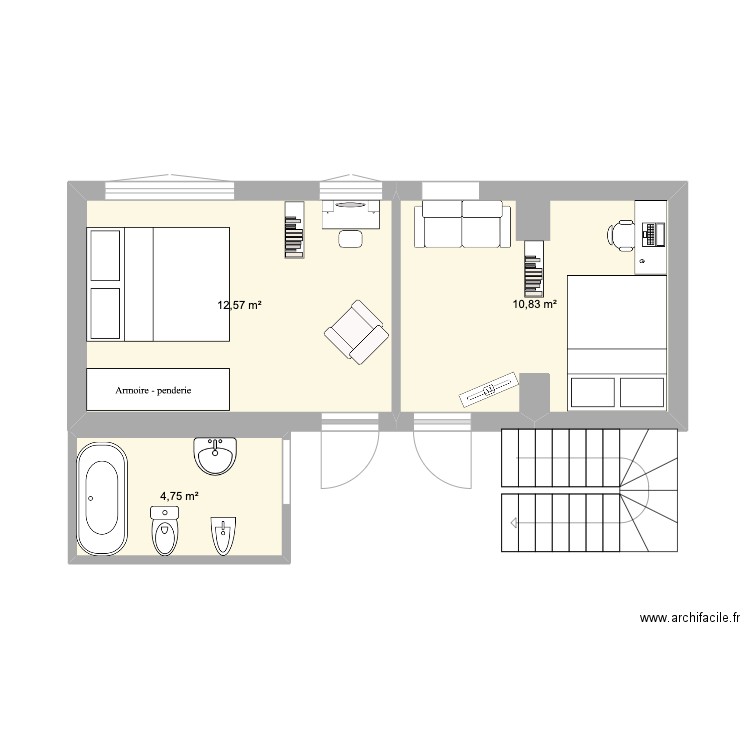 rez de chaussée. Plan de 3 pièces et 28 m2