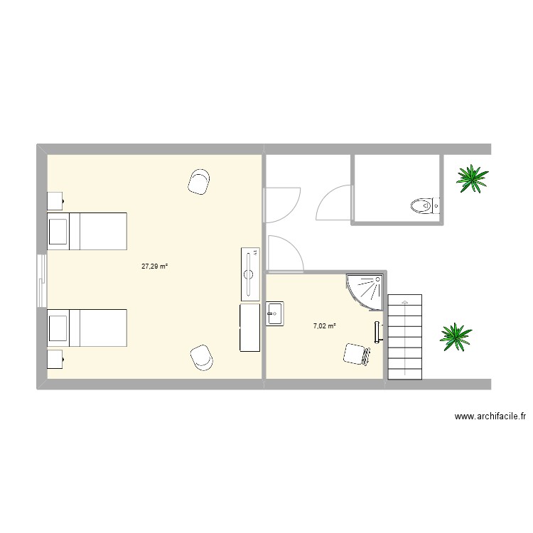 etage. Plan de 2 pièces et 34 m2