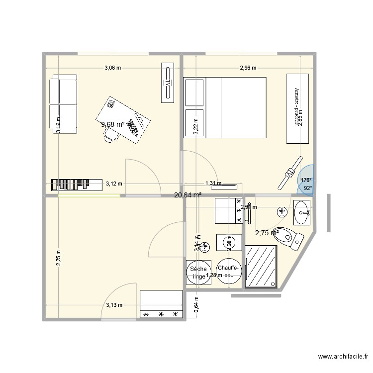 plan07205. Plan de 3 pièces et 33 m2