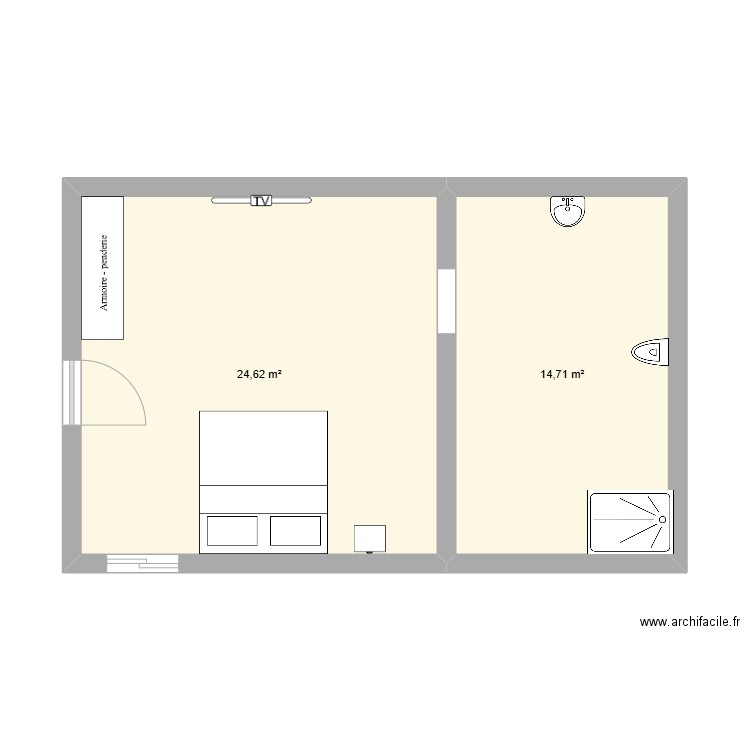 chambre PMR. Plan de 2 pièces et 39 m2