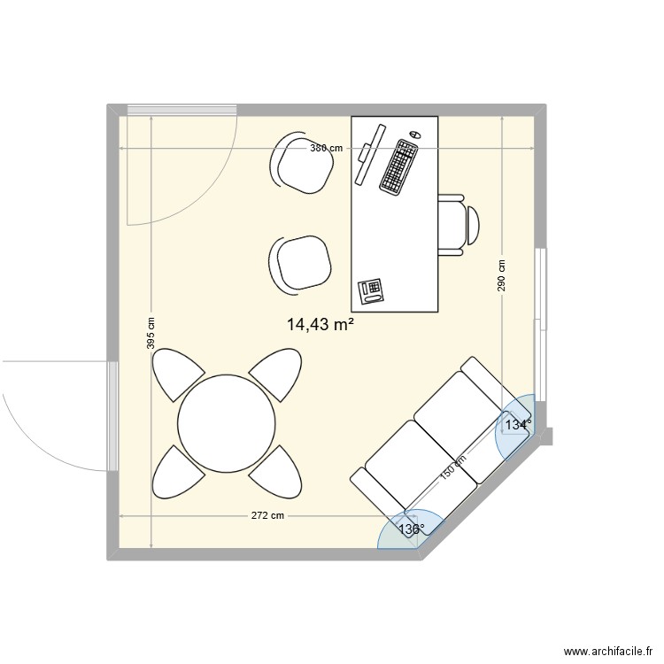 Bureau. Plan de 1 pièce et 14 m2