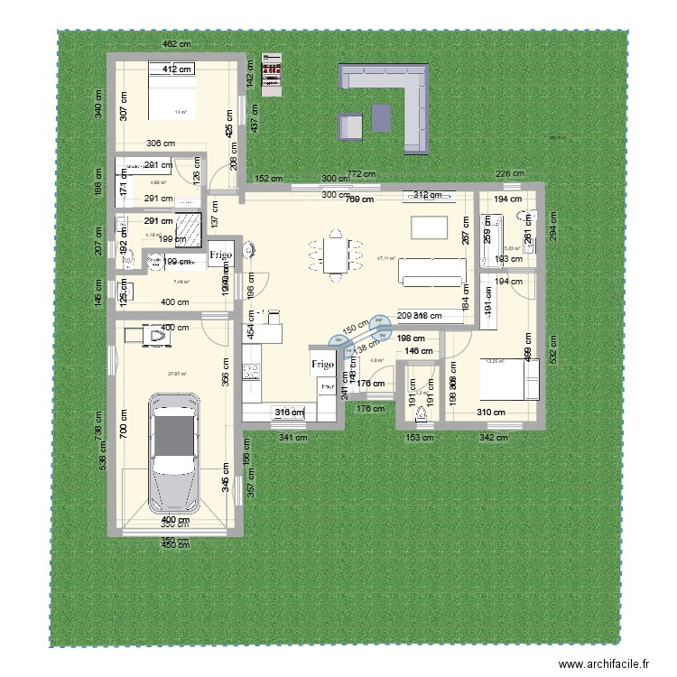 2: 105m2 avec 2 chambres+ 28 m2 garage . Plan de 10 pièces et 131 m2