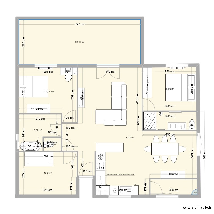 pisse de flute. Plan de 7 pièces et 117 m2