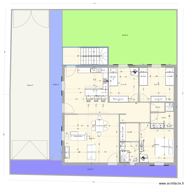 kabylie maison plain pied 3 chambres . Plan de 14 pièces et 288 m2