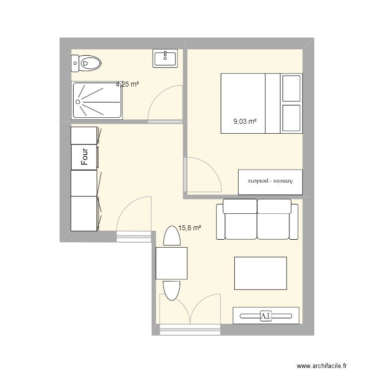 studio comble. Plan de 3 pièces et 29 m2