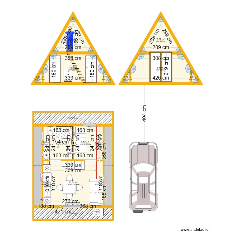 tiny house en A. Plan de 22 pièces et 71 m2