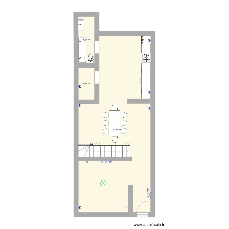 rez . Plan de 3 pièces et 60 m2