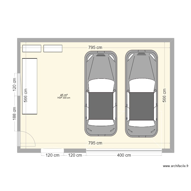 Plan garage 45m2 atelier + 2 voitures. Plan de 1 pièce et 45 m2