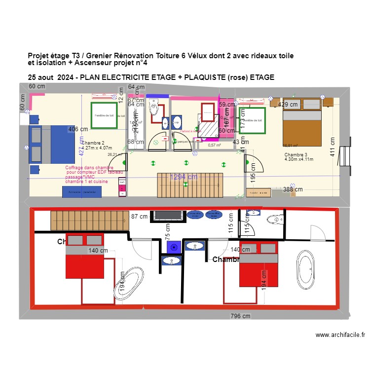 T4 Projet 2 ETAGE T4 2 chambres avec douche- 25 08 2024. Plan de 6 pièces et 52 m2