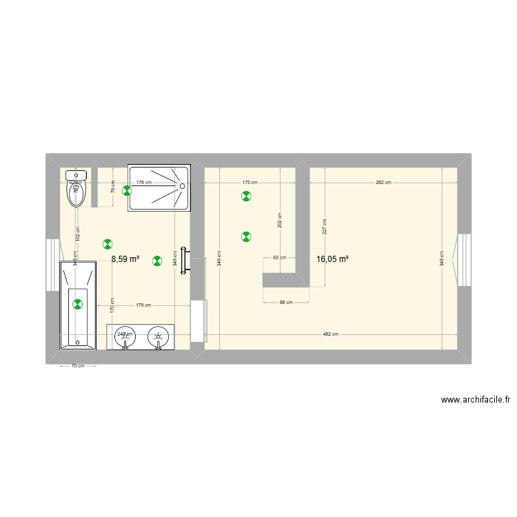 SdB Chambre parentale. Plan de 2 pièces et 25 m2