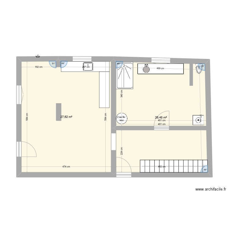 Plomberie. Plan de 2 pièces et 54 m2